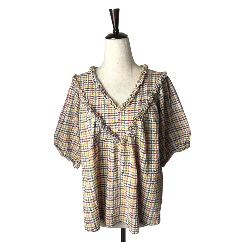 Old Navy Ruffle Dobby Gingham Top Women Medium White Cotton Puff Sleeve Cotton
